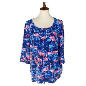Sun Bay Women XL Top Blouse T-shirt Knit Pink Flamingo Blue Stretch 3/4 Sleeve